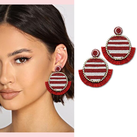 ALABAMA Crimson Beaded Round Earrings Rhinestone Fringe Gameday Team - Picture 2 of 4